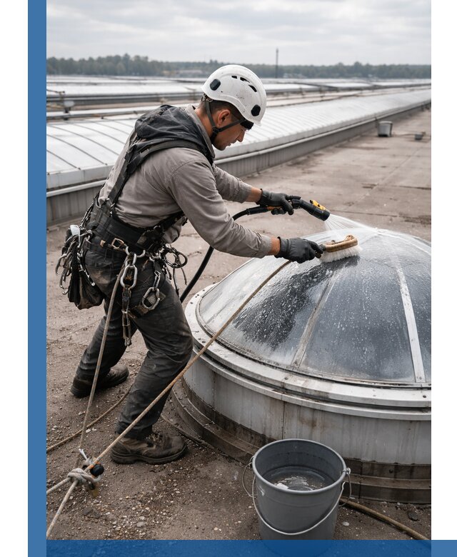 Мойка зенитных фонарей на кровле для промышленных объектов в Аксае