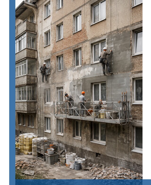 Капитальный ремонт фасада в Аксае с восстановлением и гидроизоляцией