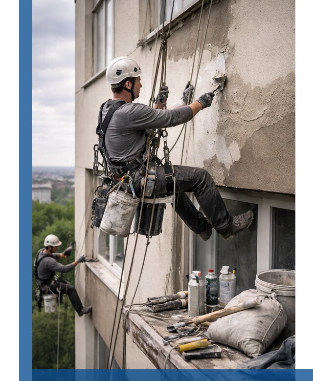 Косметический ремонт фасада зданий в Аксае промышленными альпинистами