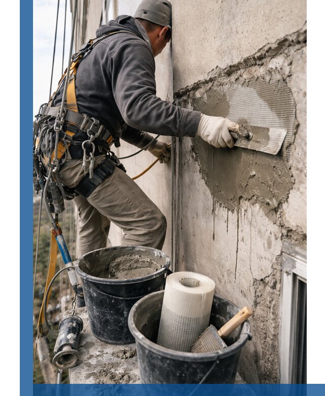 Ремонт бетонных элементов фасада промышленными альпинистами в Аксае