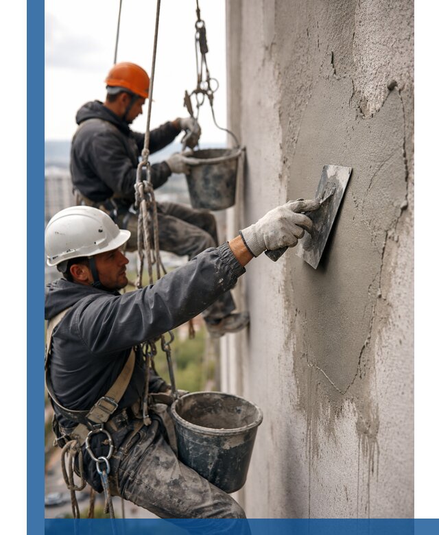 Штукатурка фасада на высоте в Аксае профессиональные работы