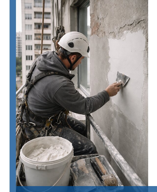 Шпаклевка фасадов на высоте с промальпинистами в Аксае