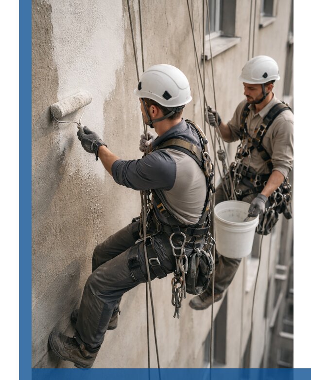 Грунтовка фасада на высоте в Аксае промышленными альпинистами