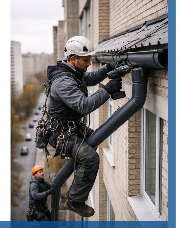 Монтаж водосточной системы на здании в Аксае от 5079 р. | ВЫСОТНИК-Акс