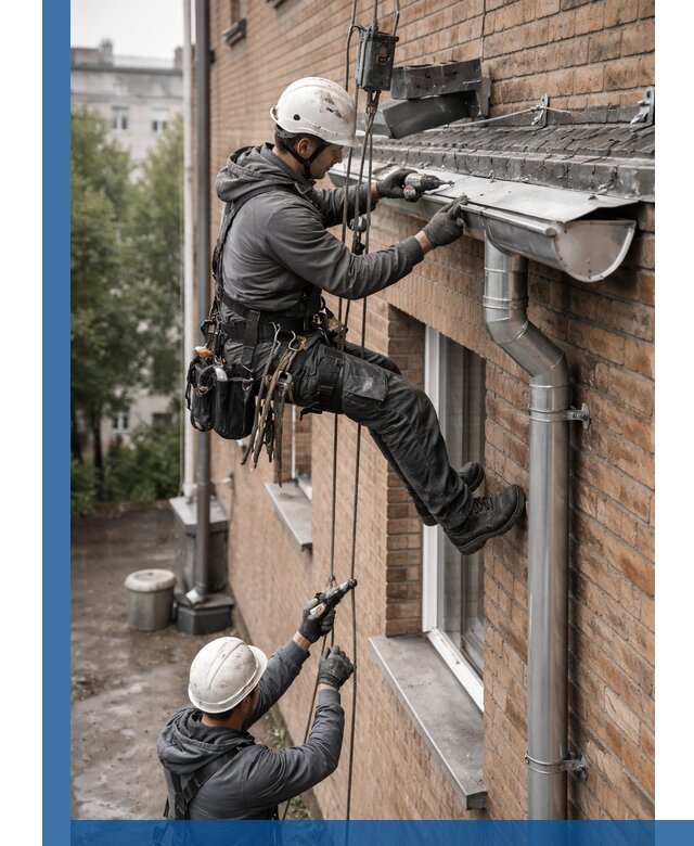 Монтаж водосточной системы на здании в Аксае под ключ