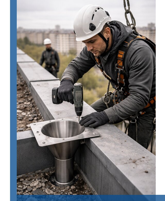 Монтаж водосточных воронок в Аксае для промышленных зданий