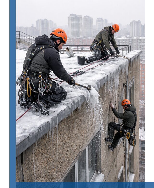 Удаление наледи с кровли в Аксае промышленными альпинистами