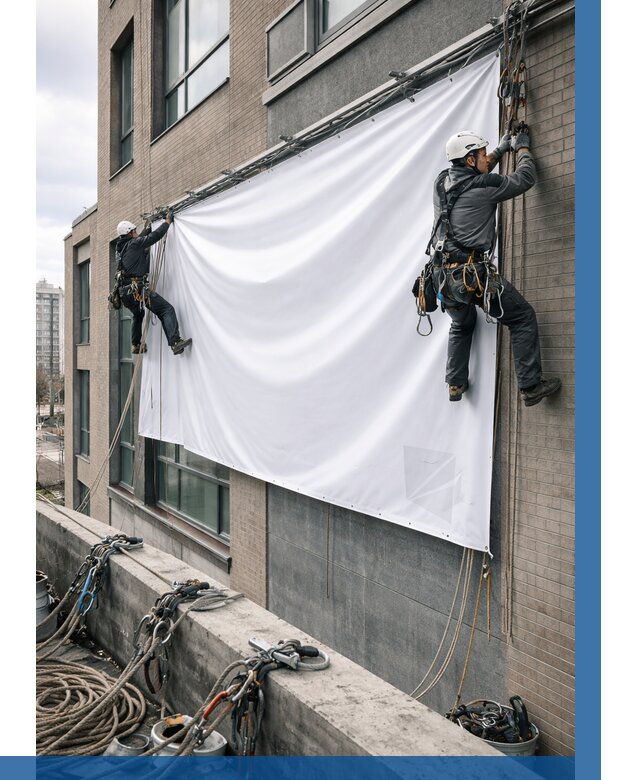 Монтаж баннеров на фасаде в Аксае от 660 р. заказать ВЫСОТНИК-Акс