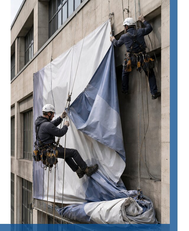 Демонтаж баннеров с фасада в Аксае от 4571 р. | ВЫСОТНИК-Акс