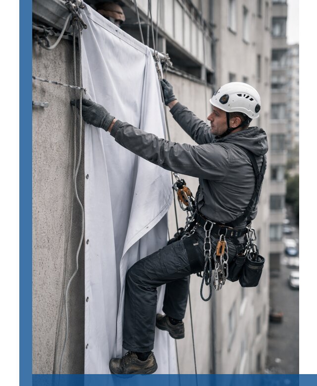 Замена баннерного полотна промышленными альпинистами в Аксае