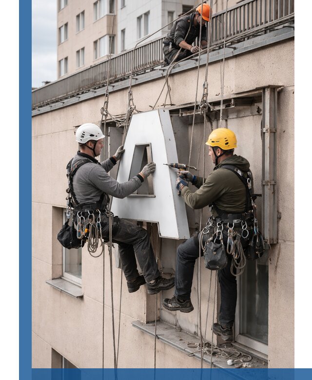 Ремонт и восстановление наружных вывесок на высоте в Аксае