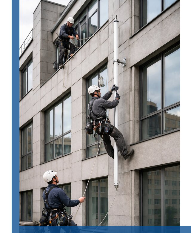 Монтаж флагштока на фасаде здания с креплением и герметикой в Аксае