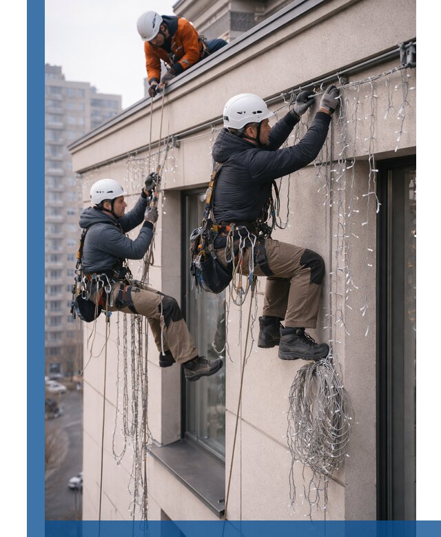 Монтаж праздничных гирлянд на фасаде в Аксае для зданий