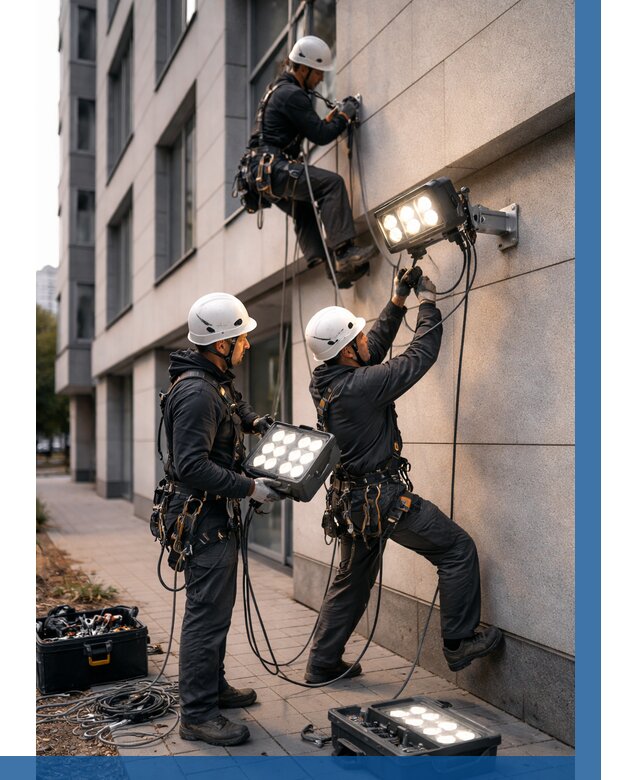 Монтаж прожекторов на фасаде в Аксае от 7618 р. | ВЫСОТНИК-Акс