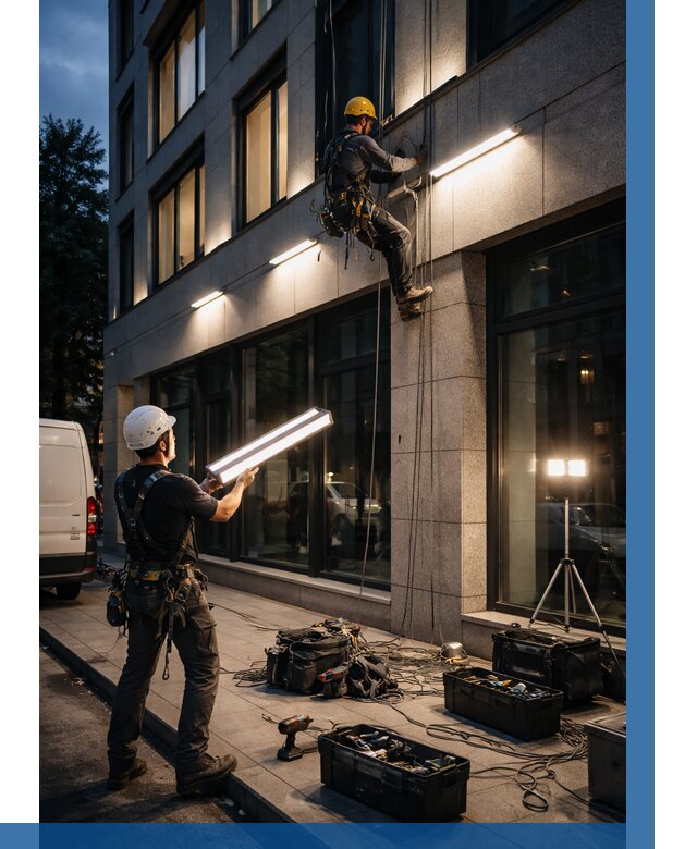 Монтаж архитектурной подсветки здания в Аксае от 2539 р.|ВЫСОТНИК-Акс