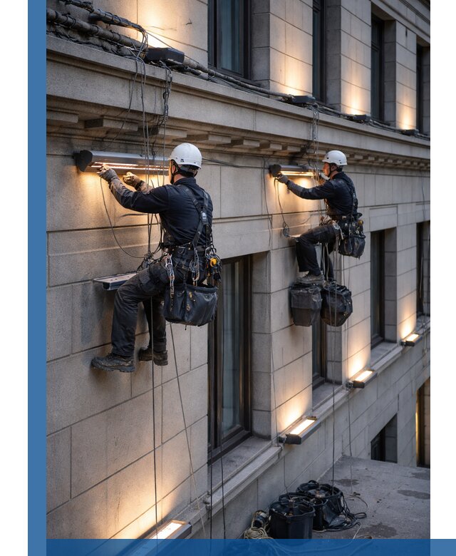 Монтаж архитектурной подсветки фасадов зданий в Аксае