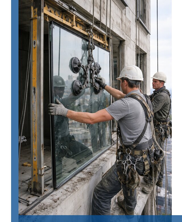 Монтаж стеклопакетов на высоте в Аксае с промышленным альпинизмом