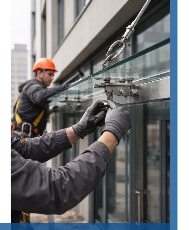 Монтаж стеклянных козырьков в Аксае от 8633 р. | ВЫСОТНИК-Акс