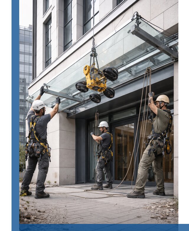 Монтаж стеклянных козырьков под ключ в Аксае для зданий