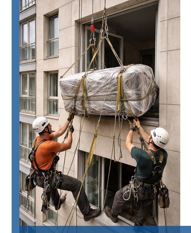 Подъем грузов через окно в Аксае промышленными альпинистами