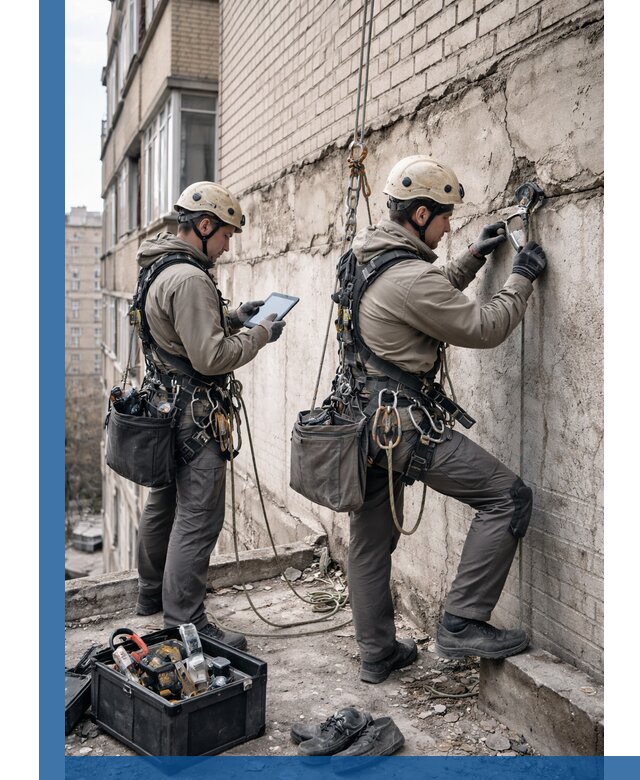 Обследование фасада промышленными альпинистами в Аксае